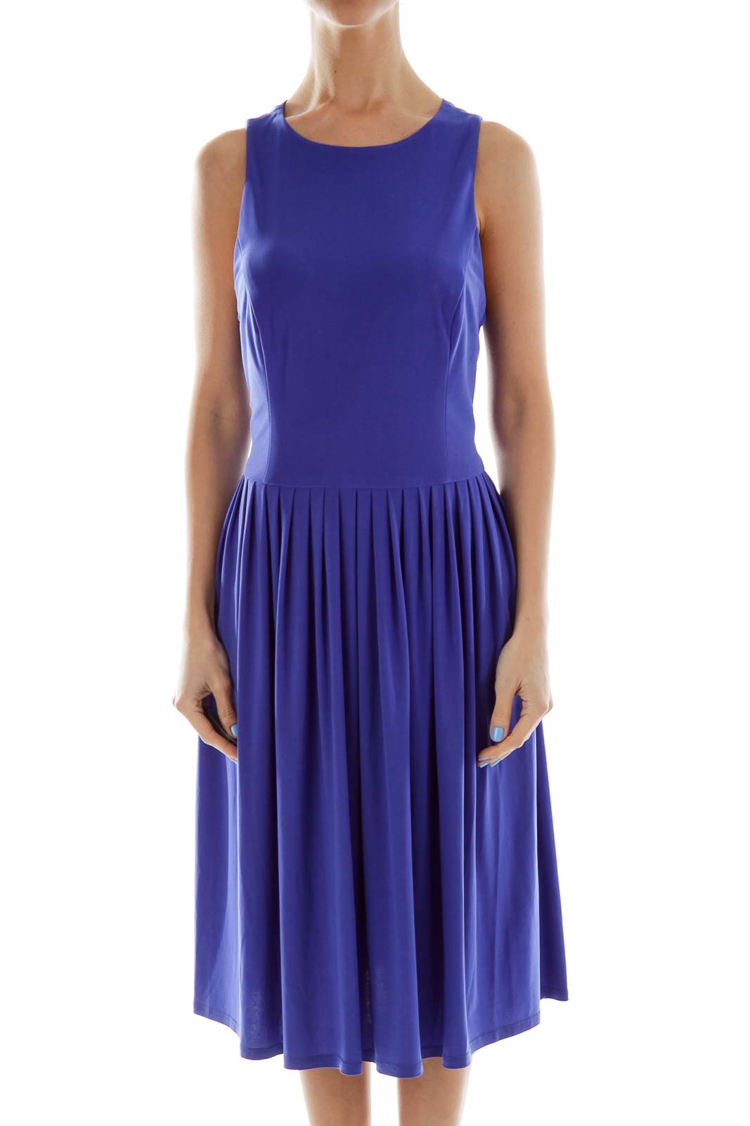 Blue Pleated Sleeveless Dress Front