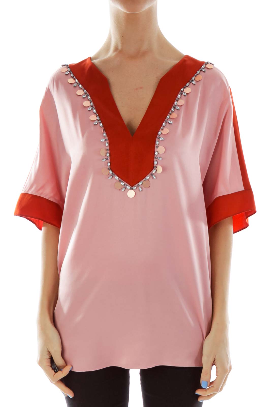 Pink Red Rhinestone Sequin Blouse Front