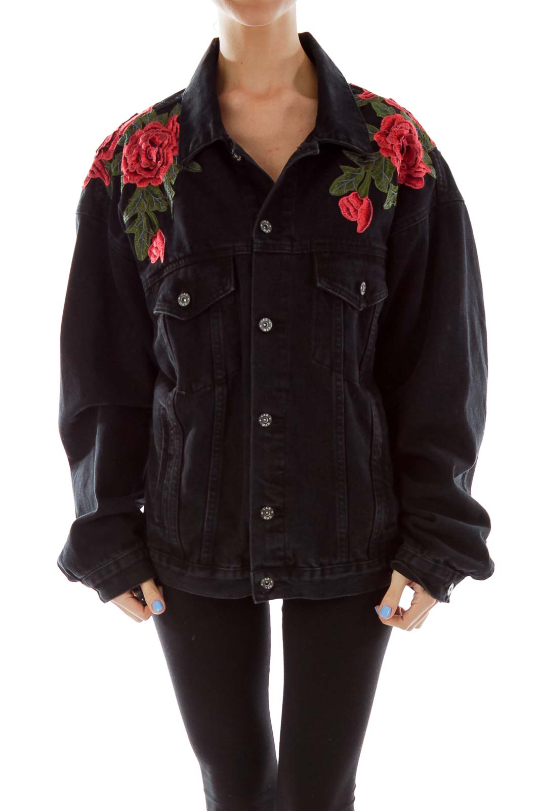 Black Embroidered Flower Prink Denim Jacket Front