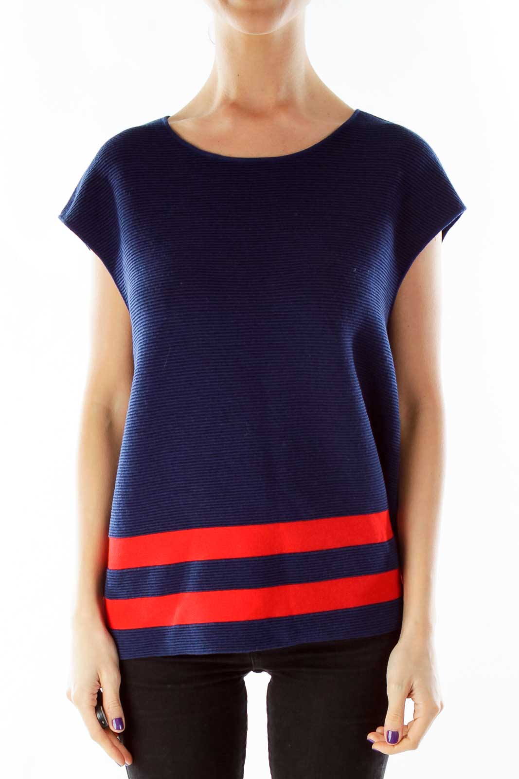 Navy Red Fitted Knit Top Front