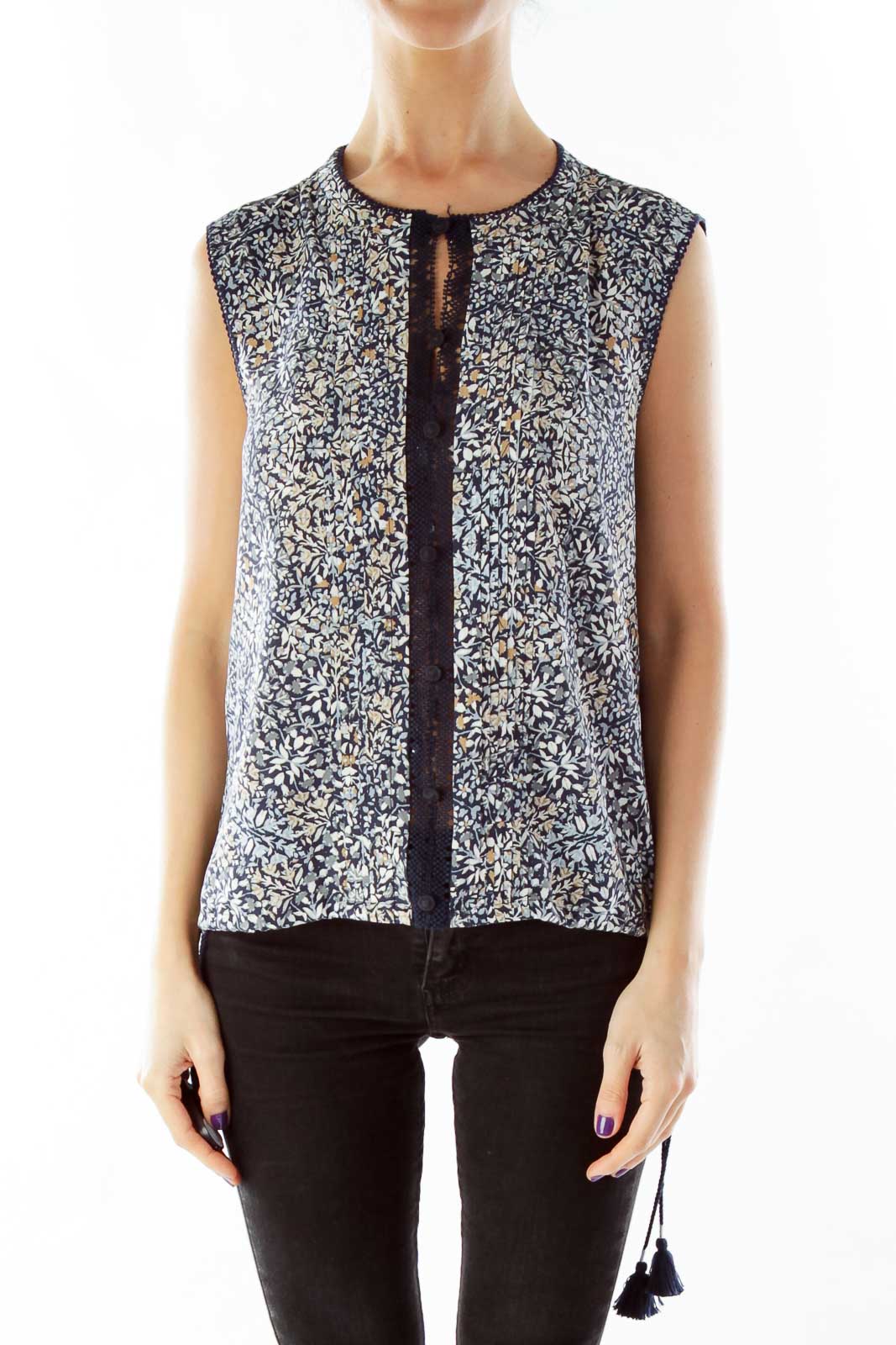 Tory Burch - Navy Floral Sleeveless Blouse Silk | SilkRoll