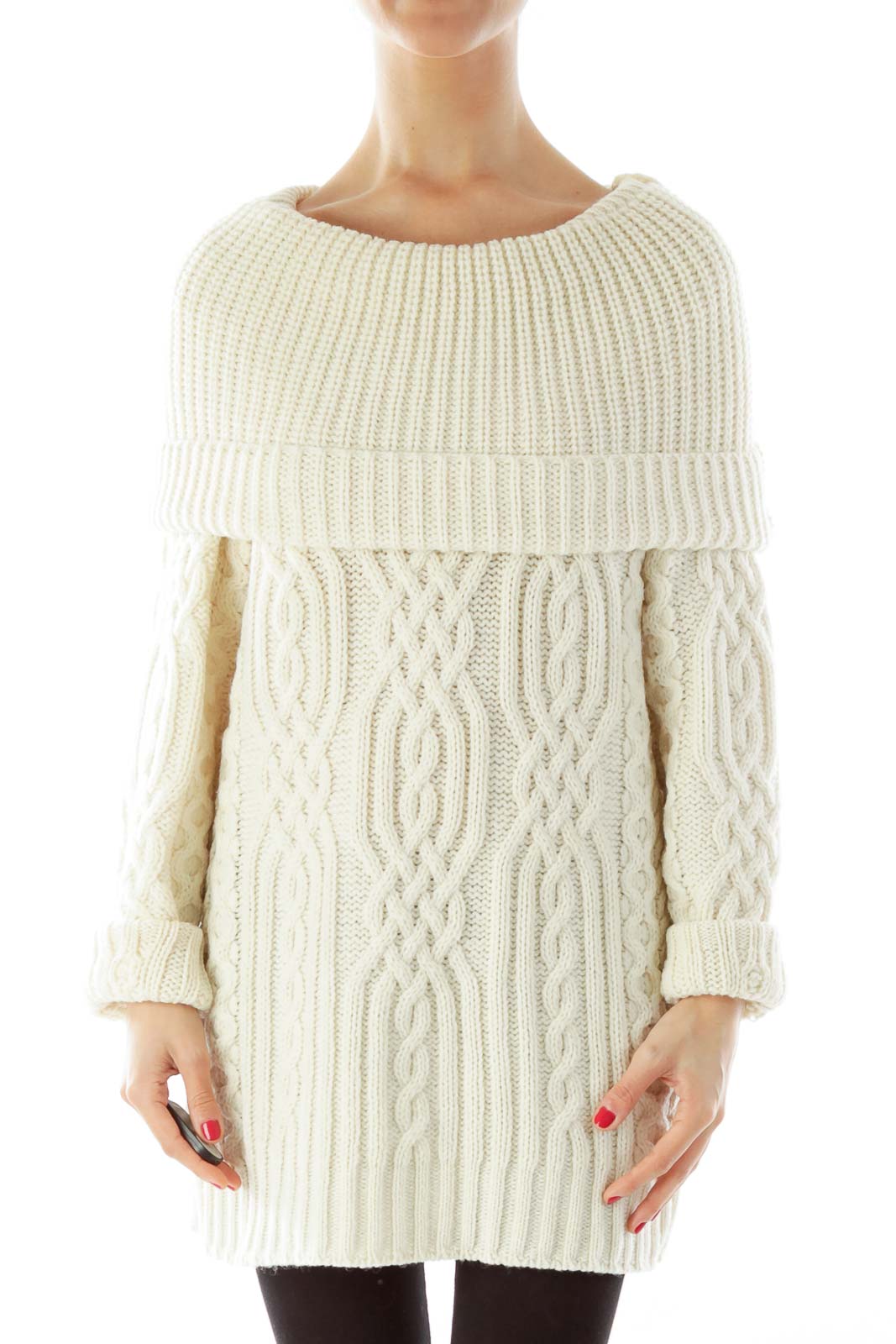 Cream Cowl Neck Merino Wool Sweater Front