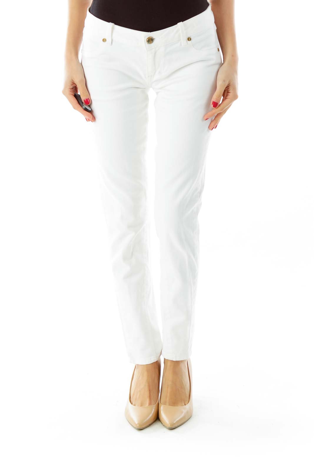 White Fitted Straight Legged Jeans Front
