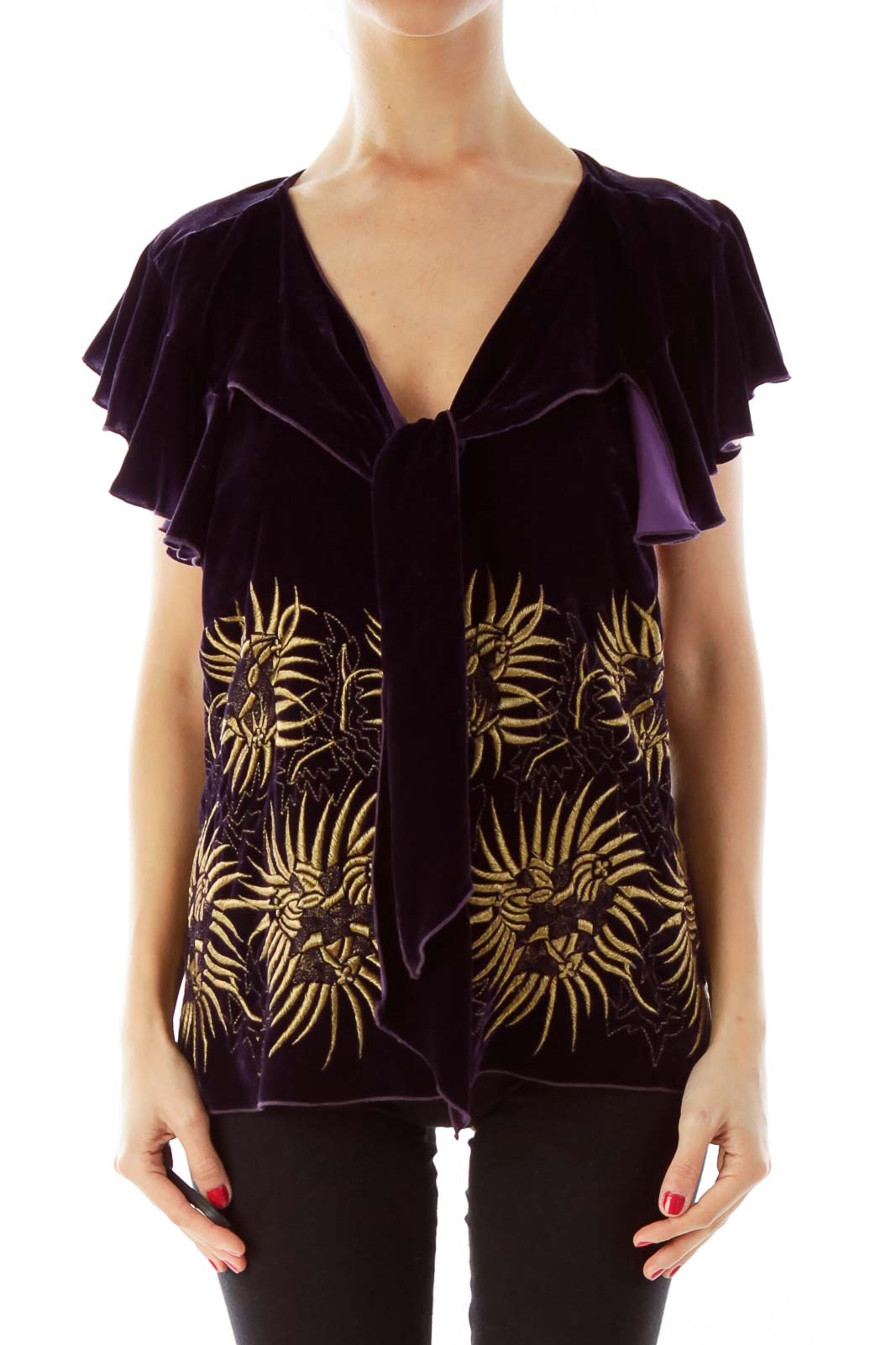 Purple & Gold Velvet Embroidered Top Front