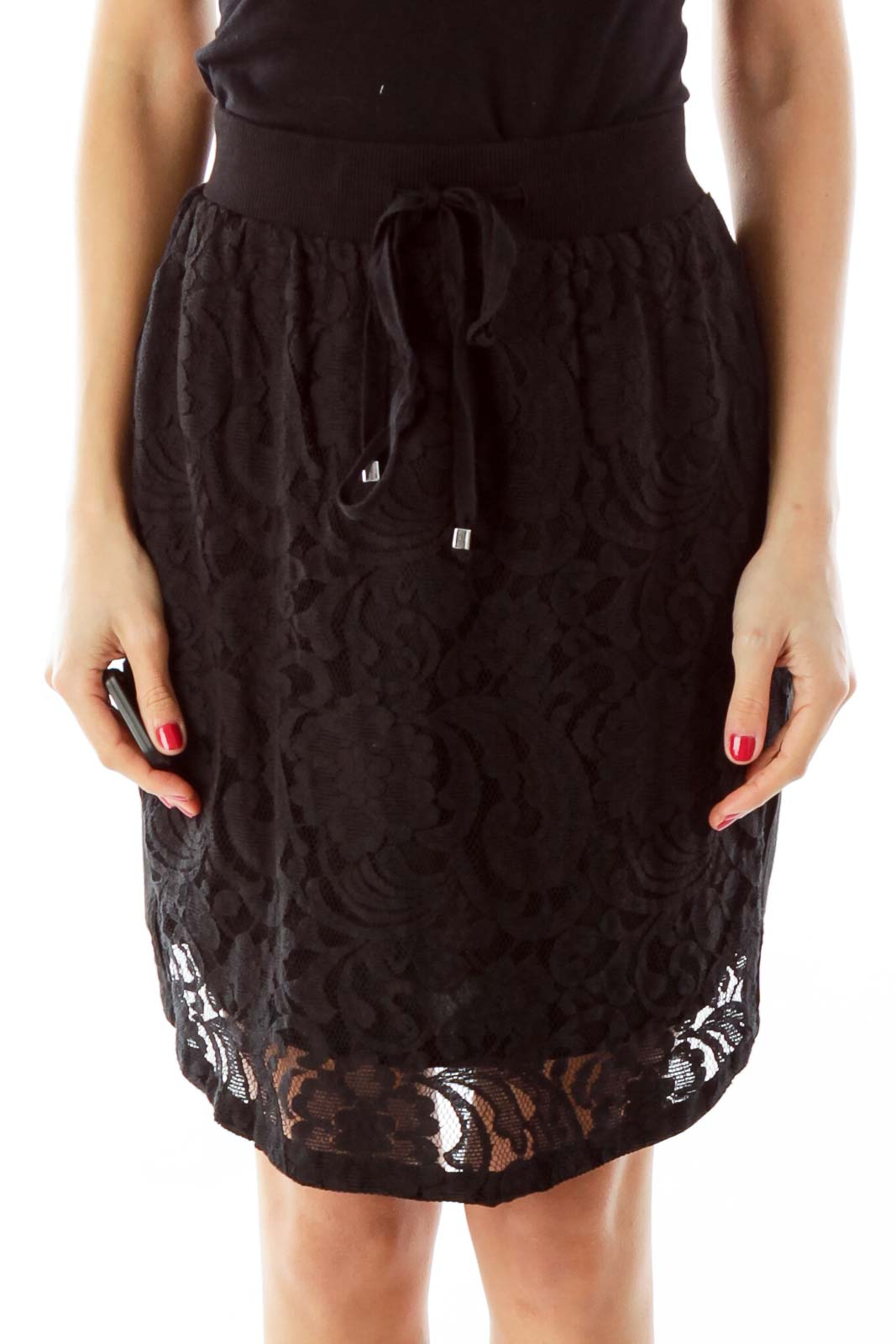 Black Lace Drawstring Mini Skirt Front