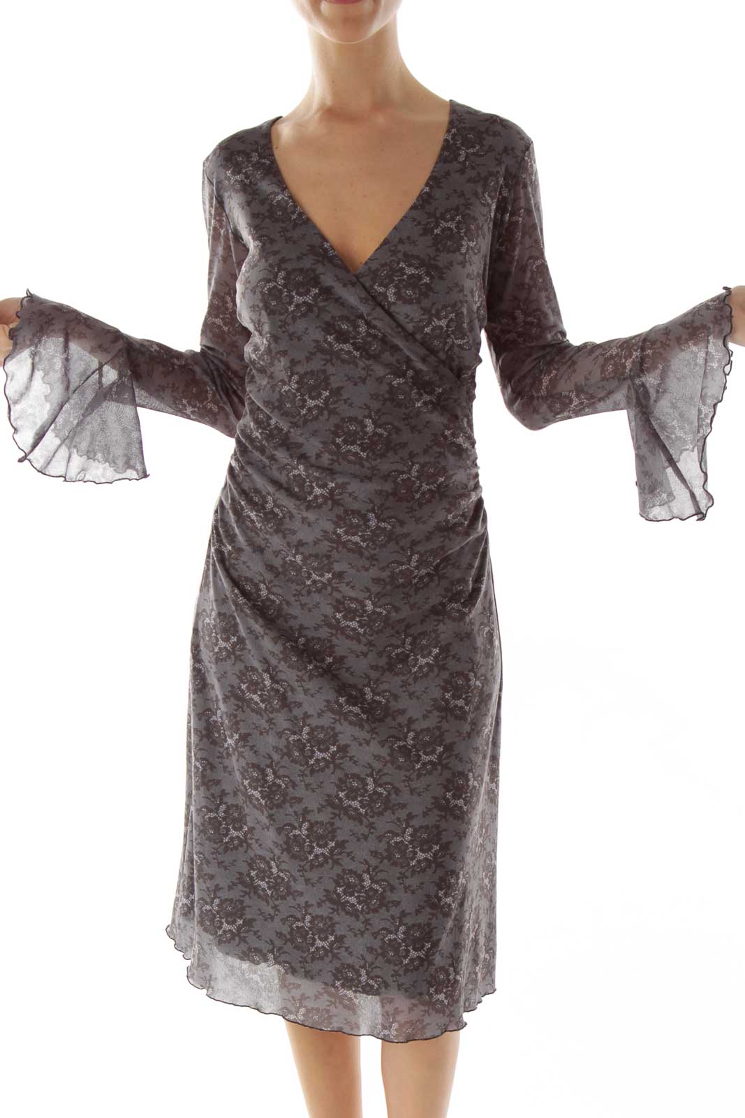 Gray Black Bell Sleeve Day Dress Front