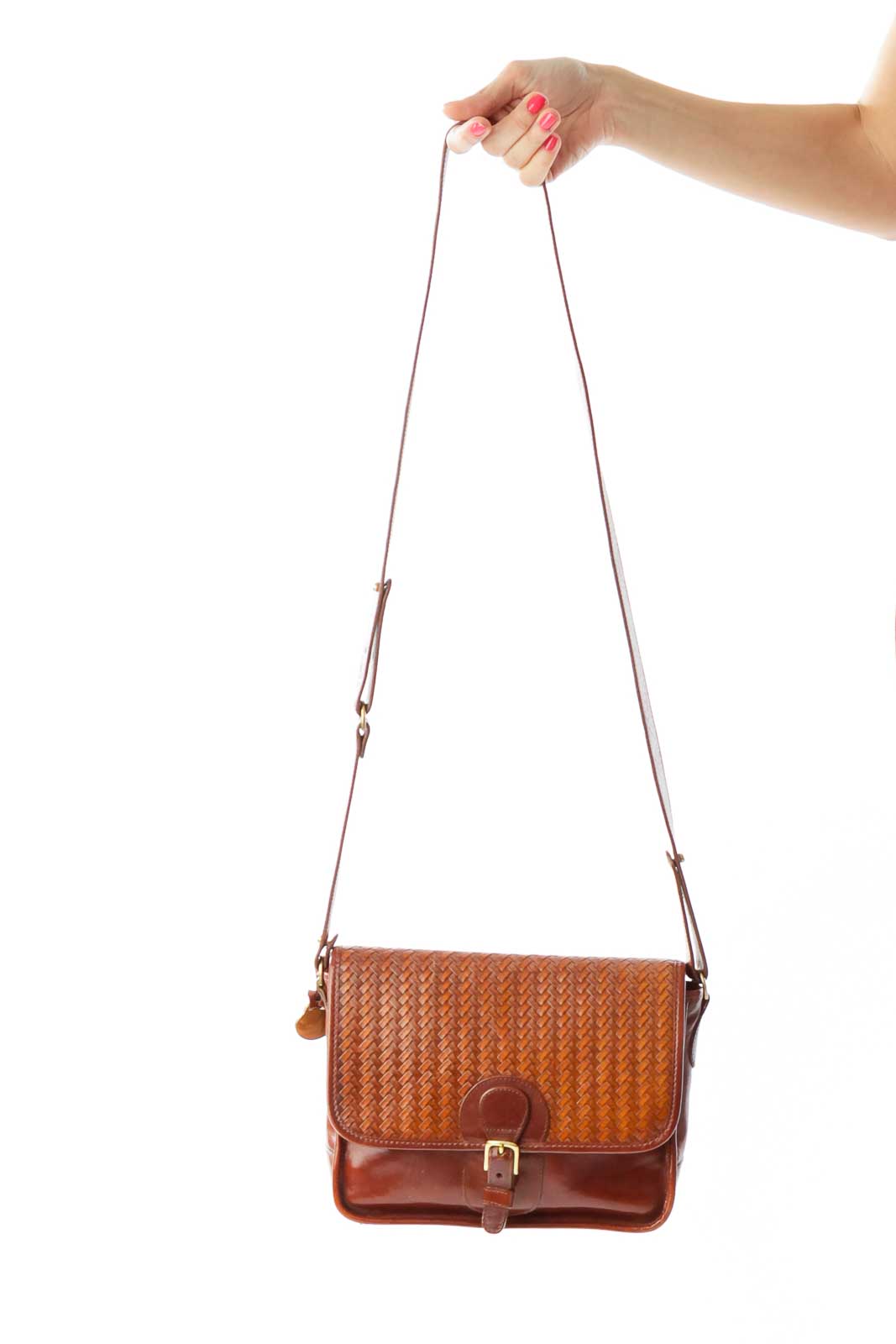 Brown Vintage Weave Detail Leather Crossbody Bag Front