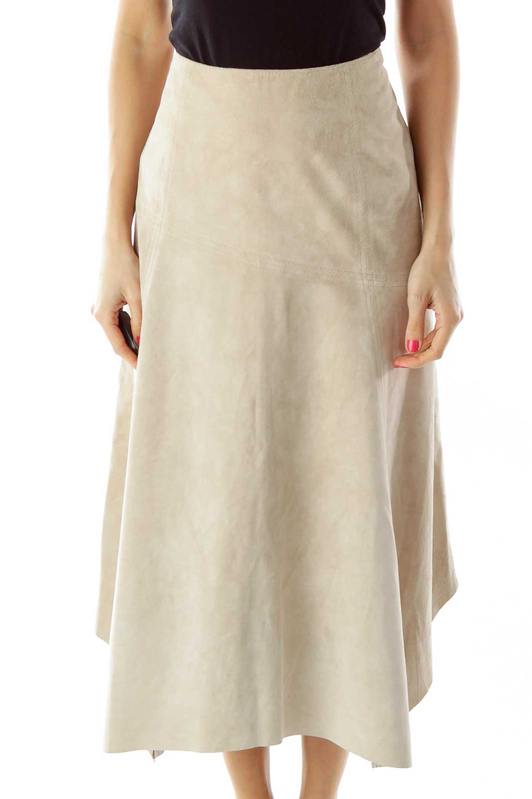 Beige High-Waisted Suede Skirt Front