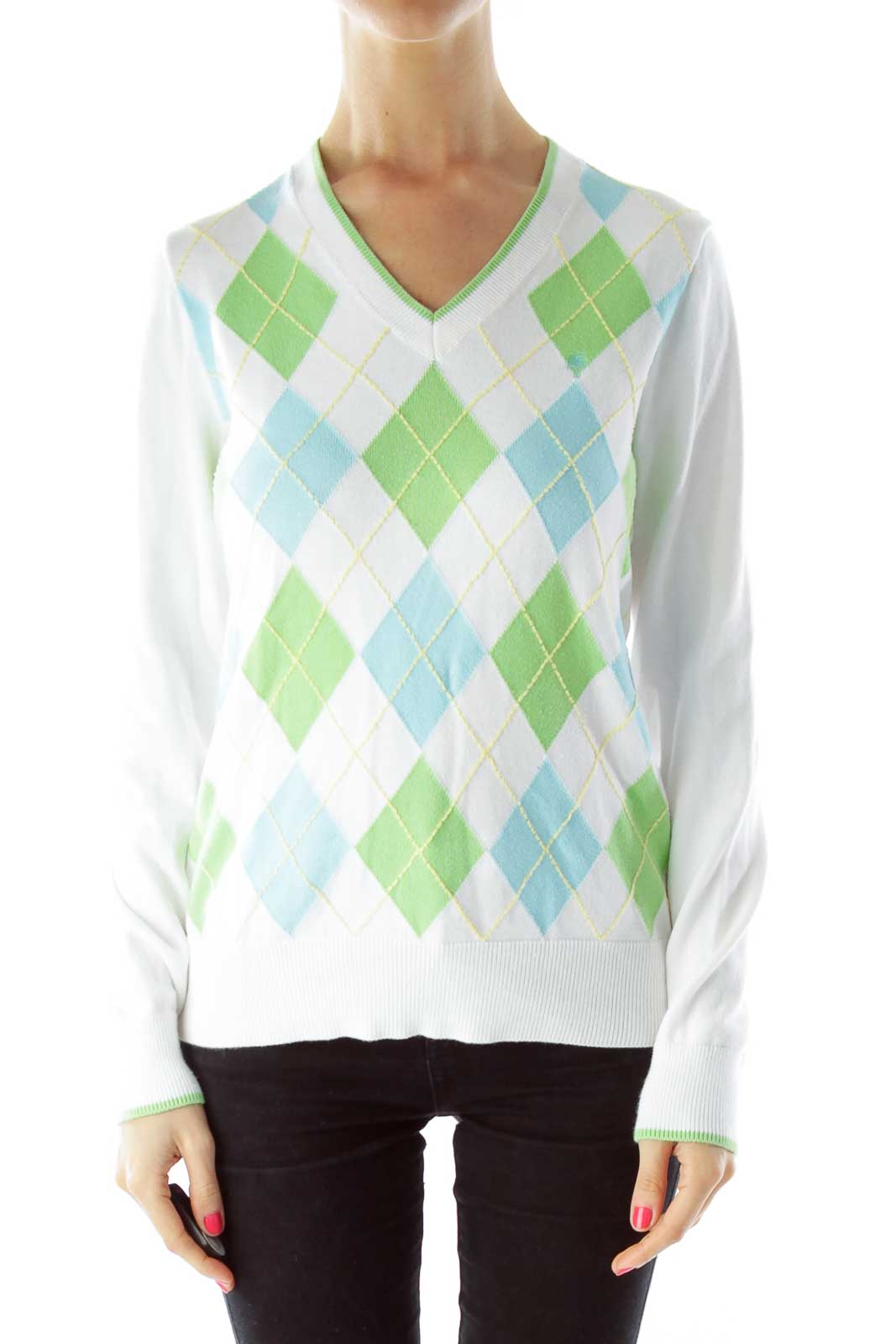 White Blue Green Argyle Sweater Front