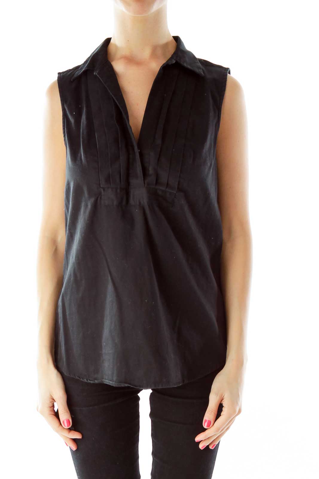 Black Ruffled Sleeveless Blouse Front