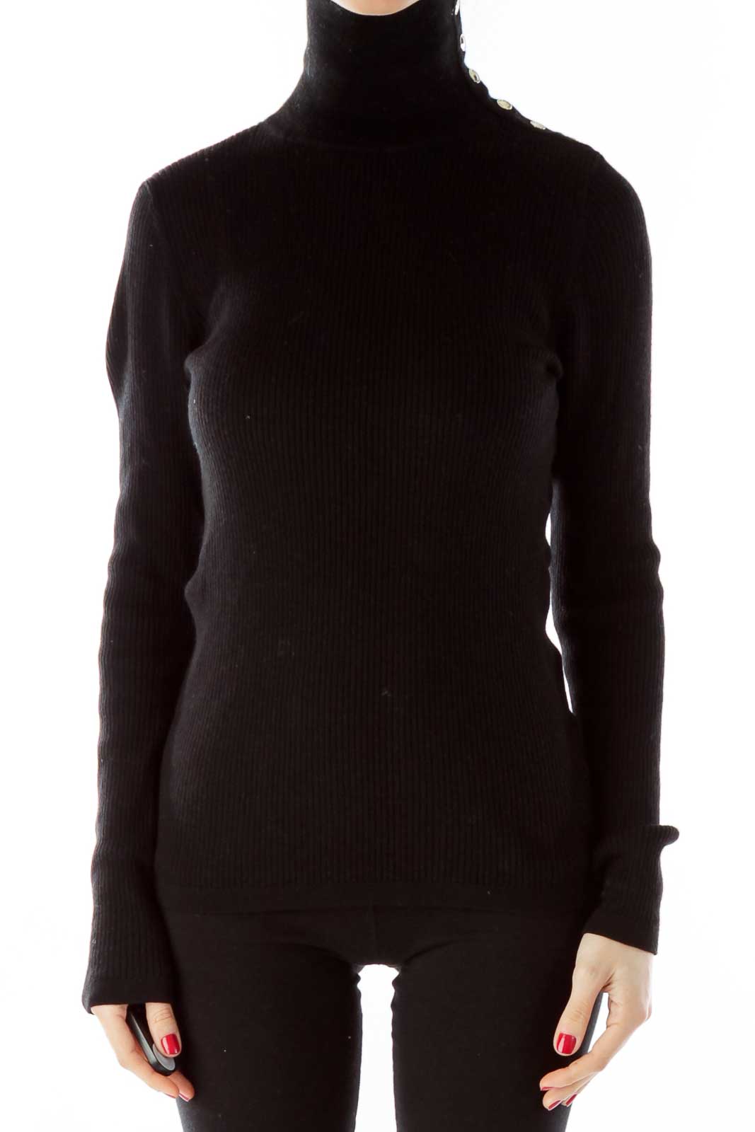 Black Buttoned Turtle Neck Merino Wool Sweater Front
