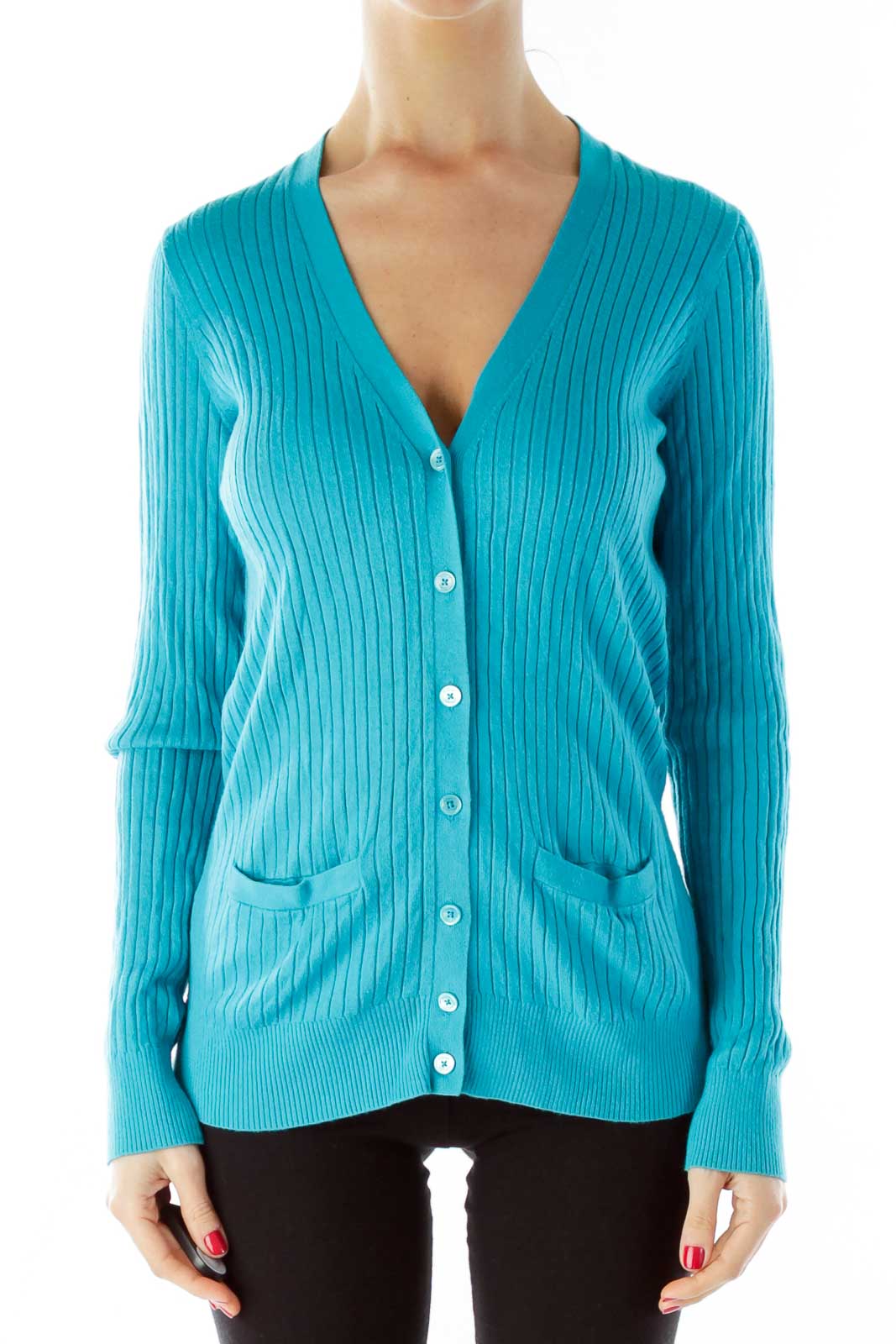 Turquoise Buttoned Pocked Cardigan Front