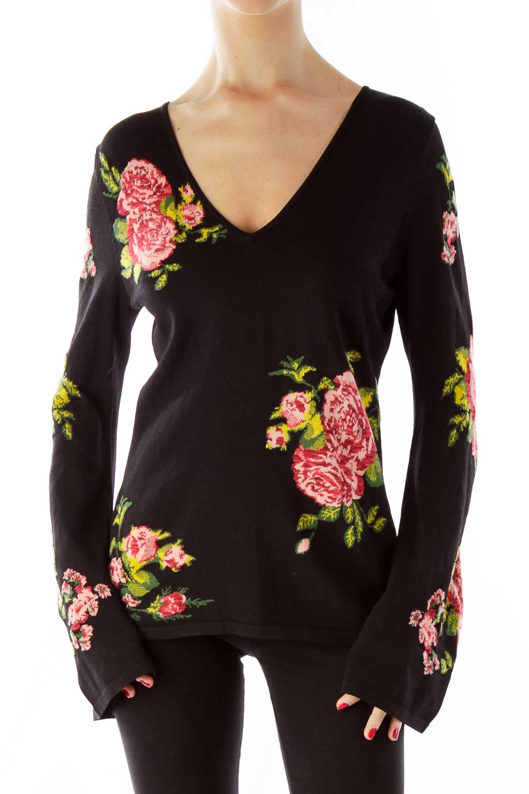 Black Multicolor Flower Embroidered Blouse Front