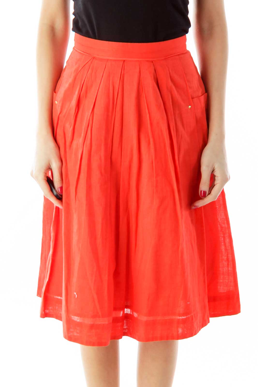 Red Fared Pleated Skirt Front