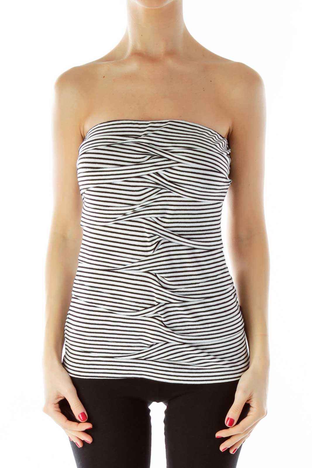 Black White Stripped Strapless Ruffled Top Front