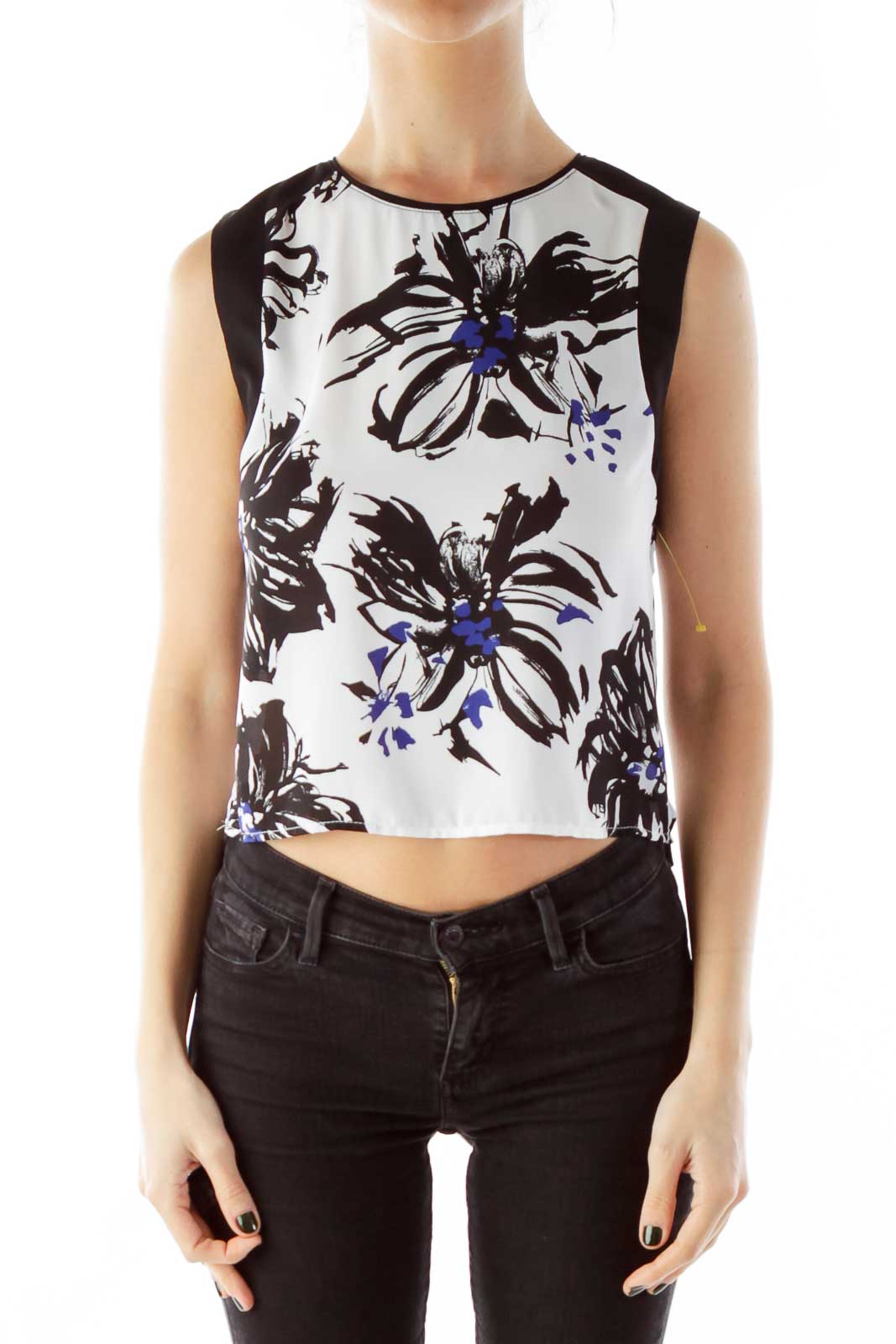 Black White Blue Flower Print Cropped Tank Top Front
