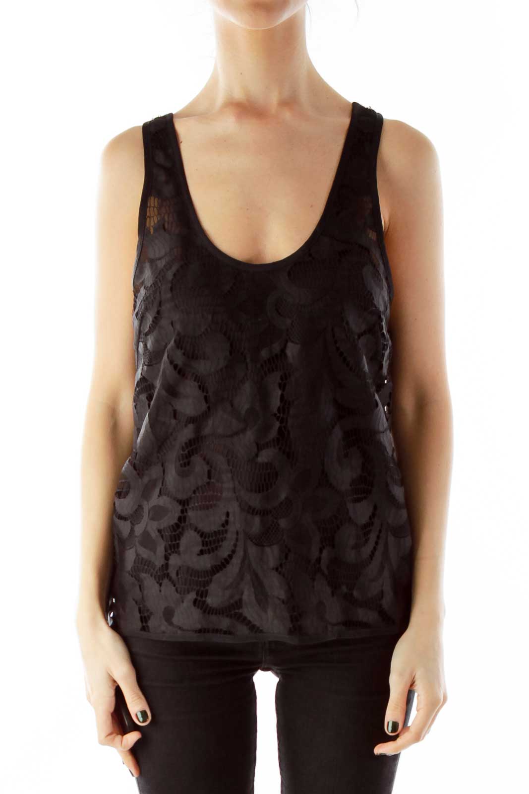 Black Layered Silk Lace Tank Top Front