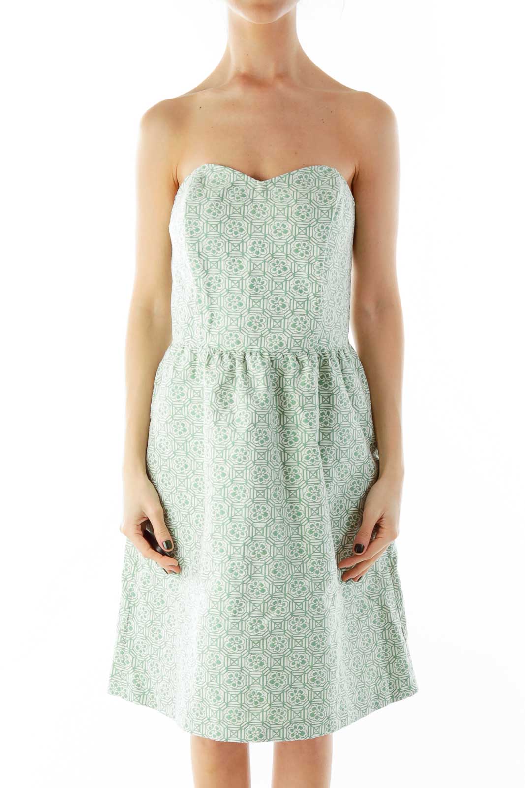Green White Geometric Flower Print Strapless Dress Front