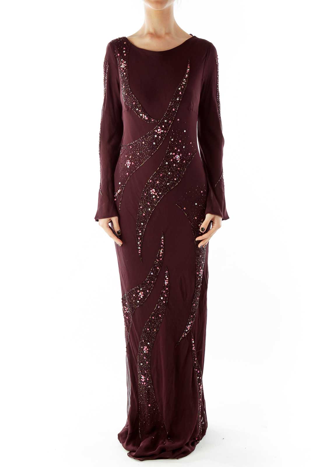 Purple Beaded Silk Gown with Boat Neckline\ Front