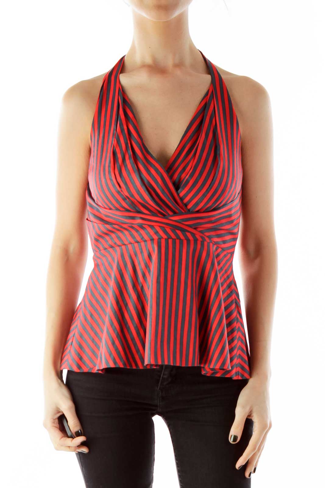 Black Red Stripped Halter Top Front