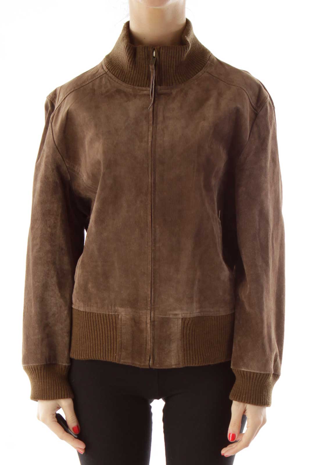 Brown Pocketed Bomber Jacket Front