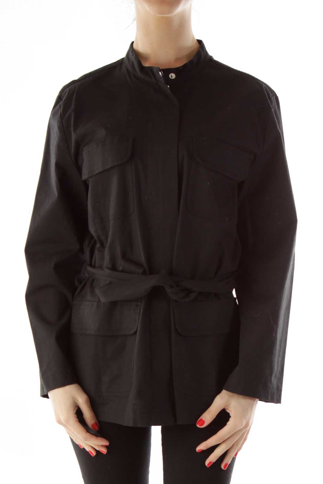 Black Pocketed Belted Fitted Jacket Front