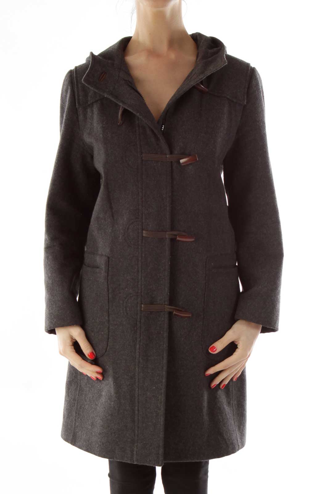 Gray Pocketed Hooded Duffle Coat Front