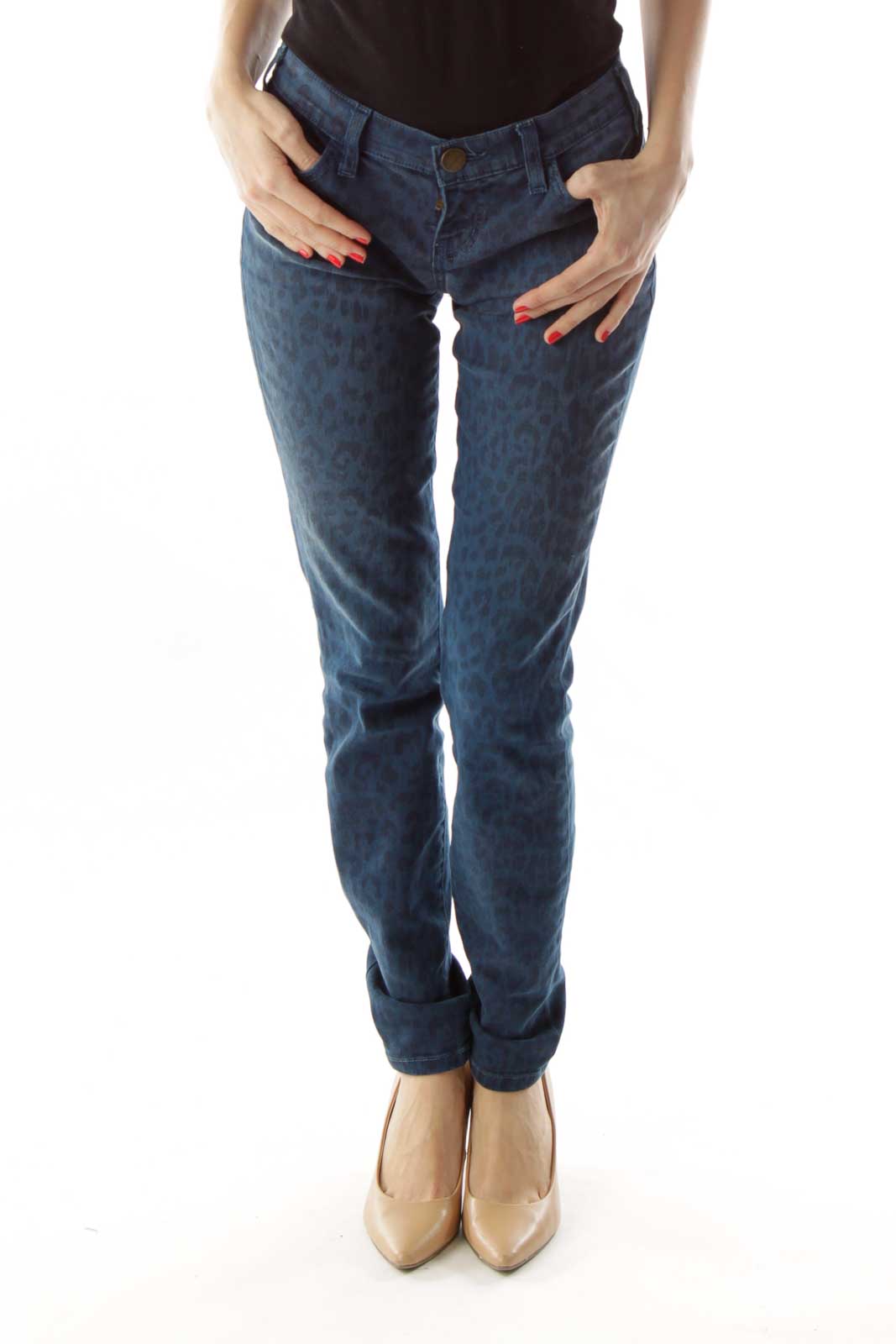 Blue Black Leopard Print Skinny Jeans Front