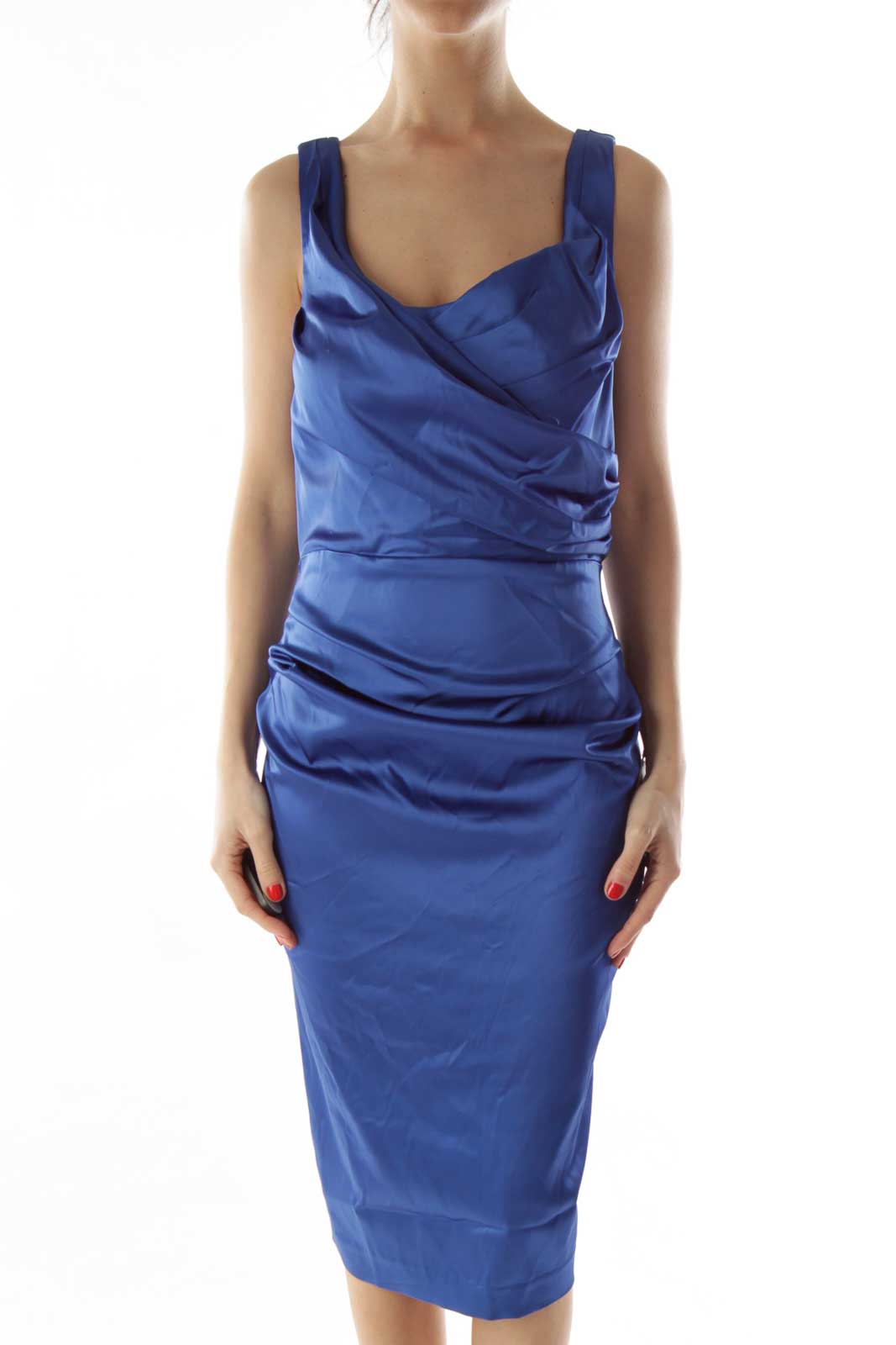 Blue Fitted Scrunched Sheath Dress Front