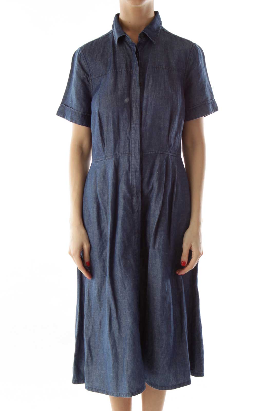 Blue Denim Buttoned Pocketed Dress Front