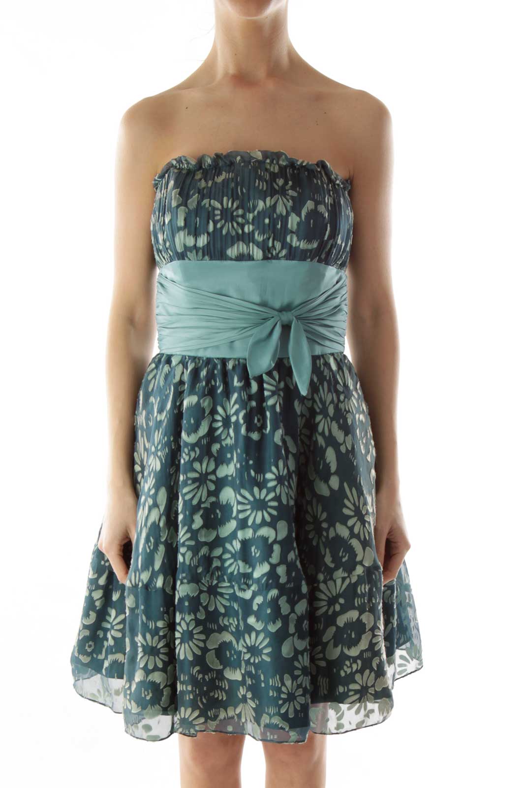 Green Flower Belted Strapless Cocktail Dress Front