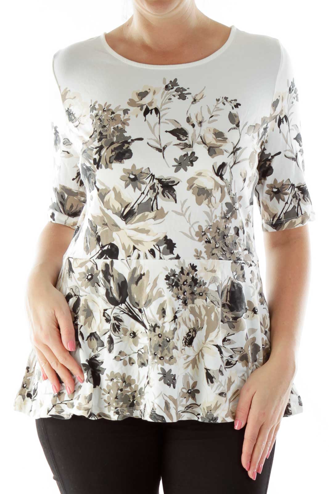 White Black Floral Blouse Front