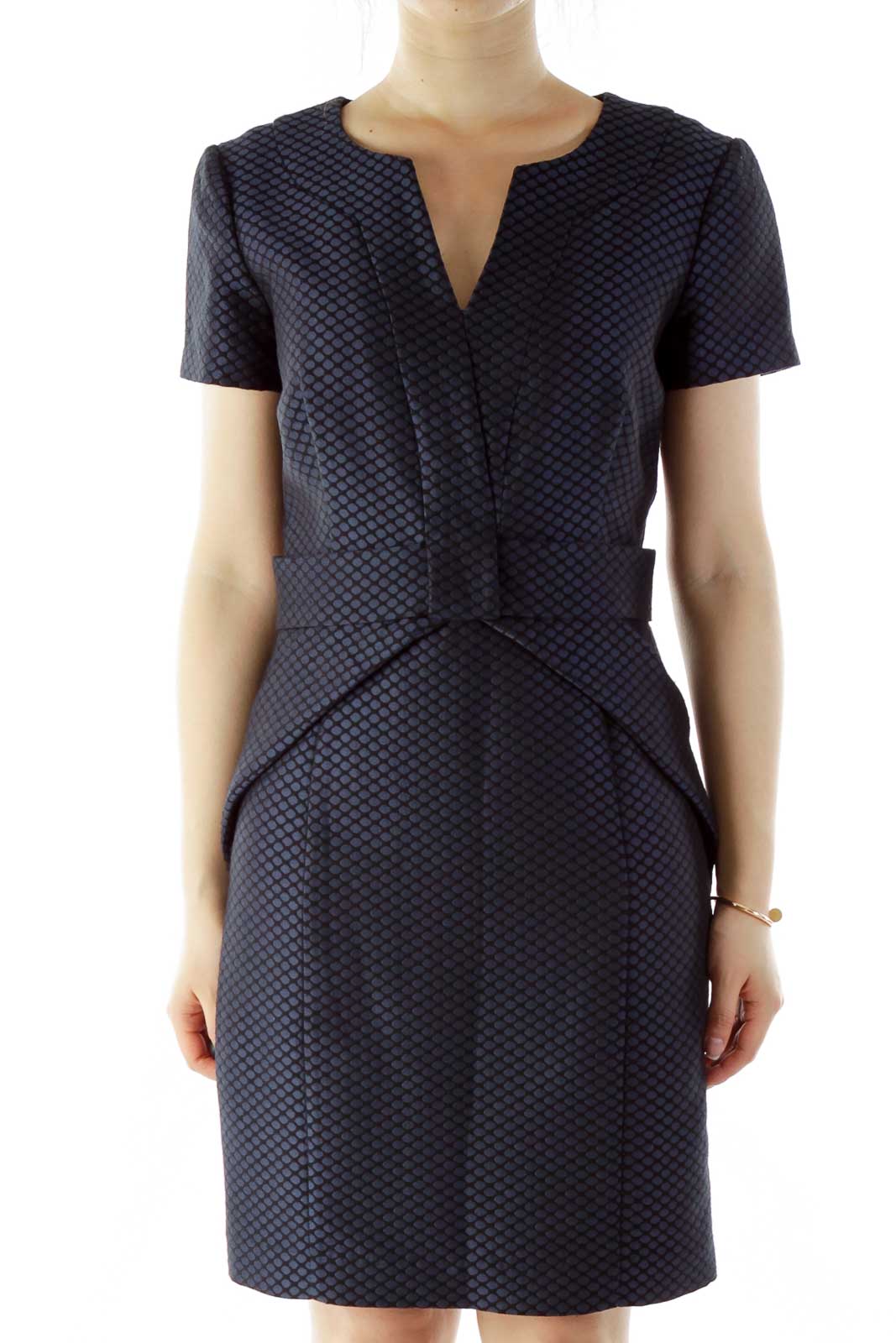 Blue Black Fitted Work Dress Front