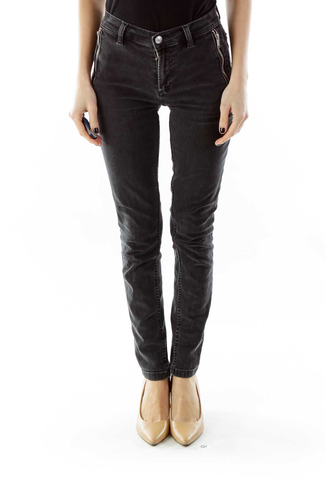 Black Zippered Skinny Jeans Front