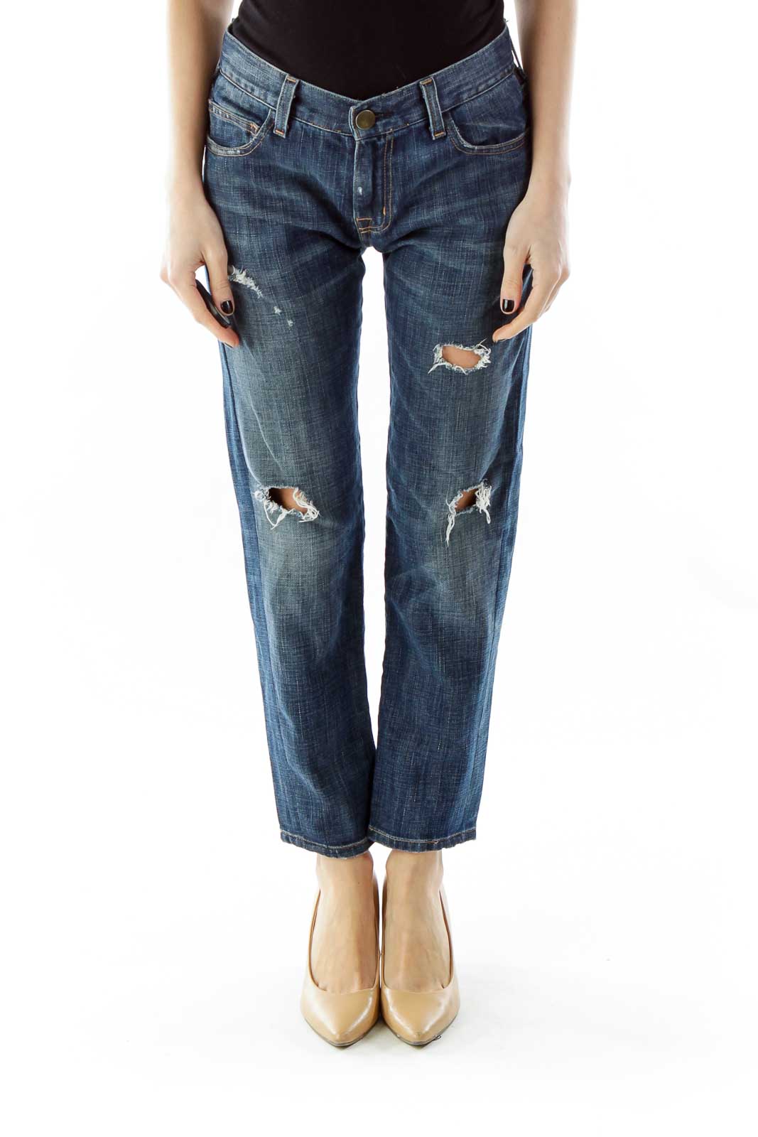 Blue Distressed Tapered Jeans Front