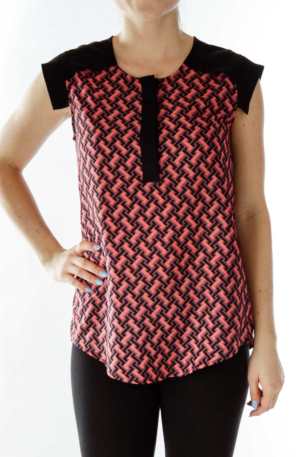 Black Pink Geometric Print Buttoned Blouse Front