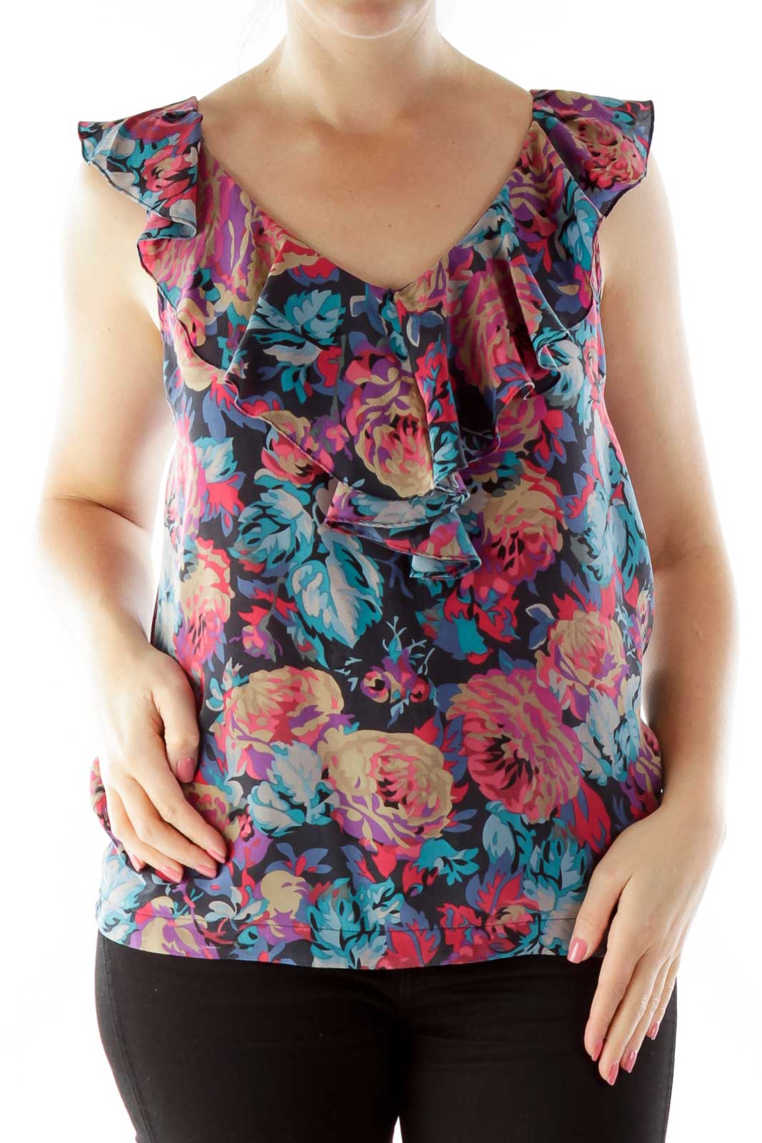 Multicolor Ruffled Flower Silk Blouse Front