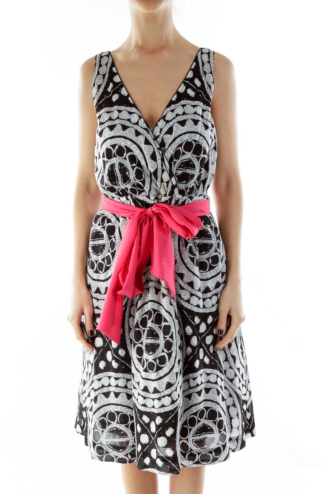 Black White Pink V-Neck Print Dress with Sash Front