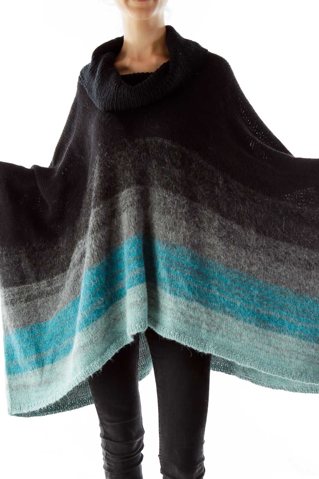 Black Gray Blue Ombre Belted Poncho Front