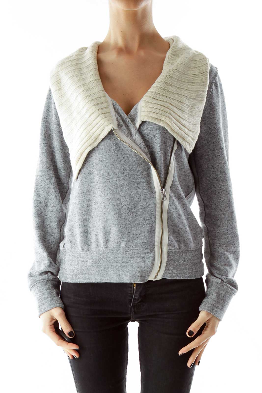 Gray Cowl Neck Fitted Jacket Front