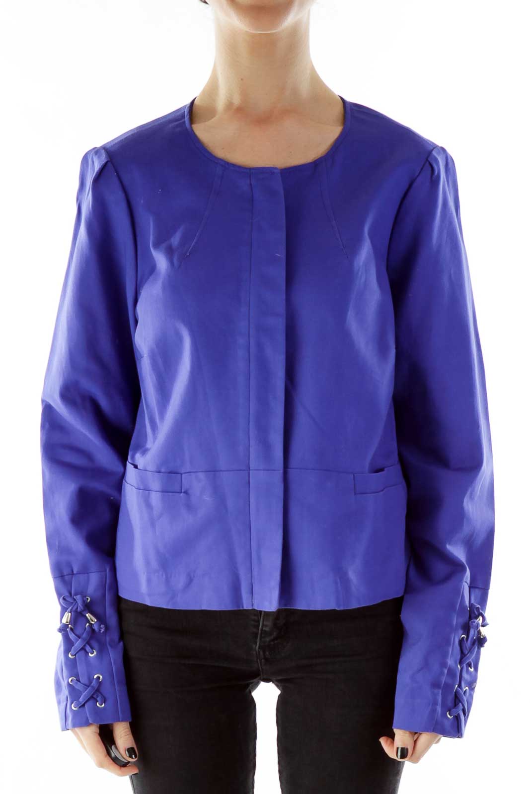 Purple Round Neck Pocketed Lace-Up Jacket Front