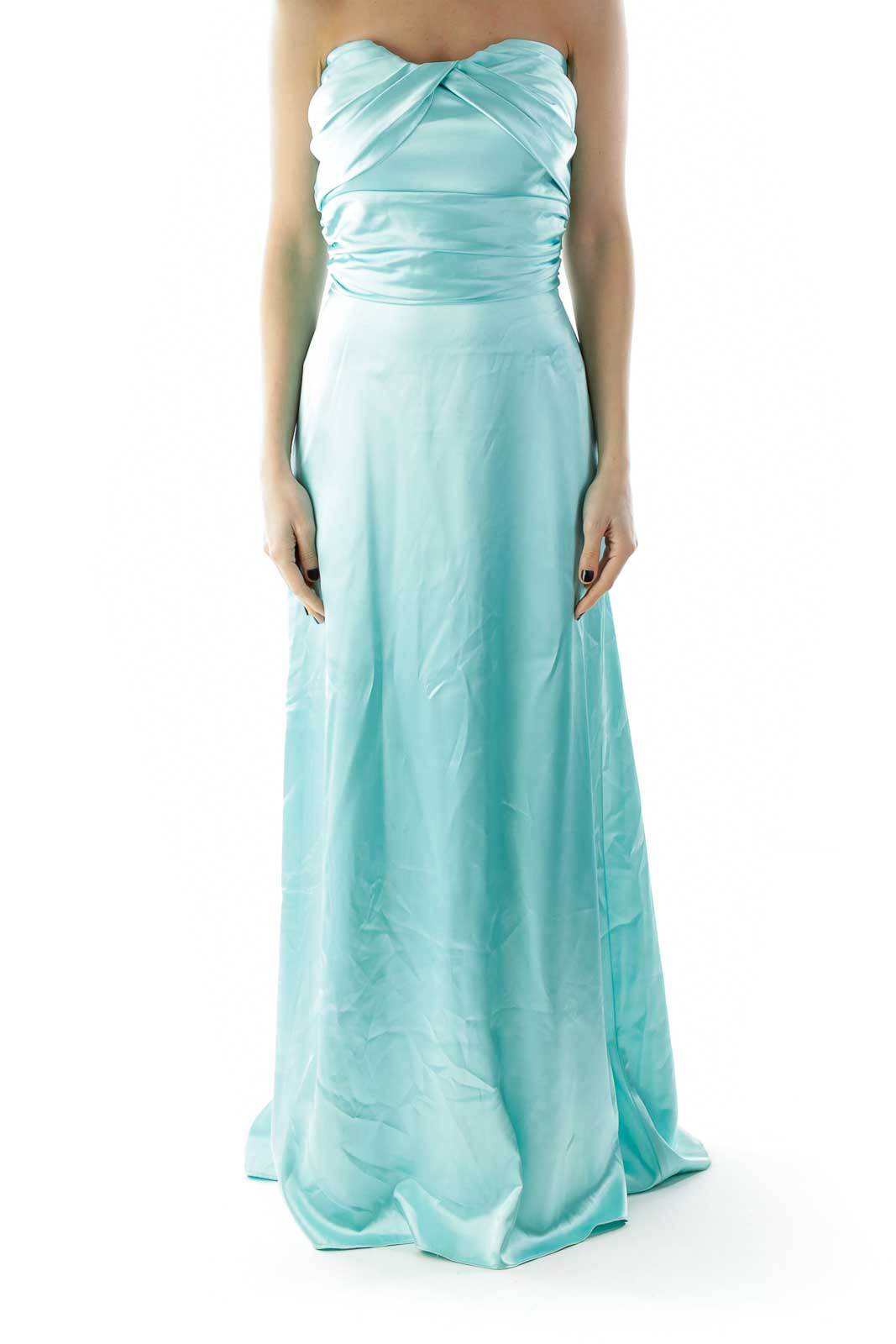 Mint Strapless Shimmer Pleated Evening Dress Front