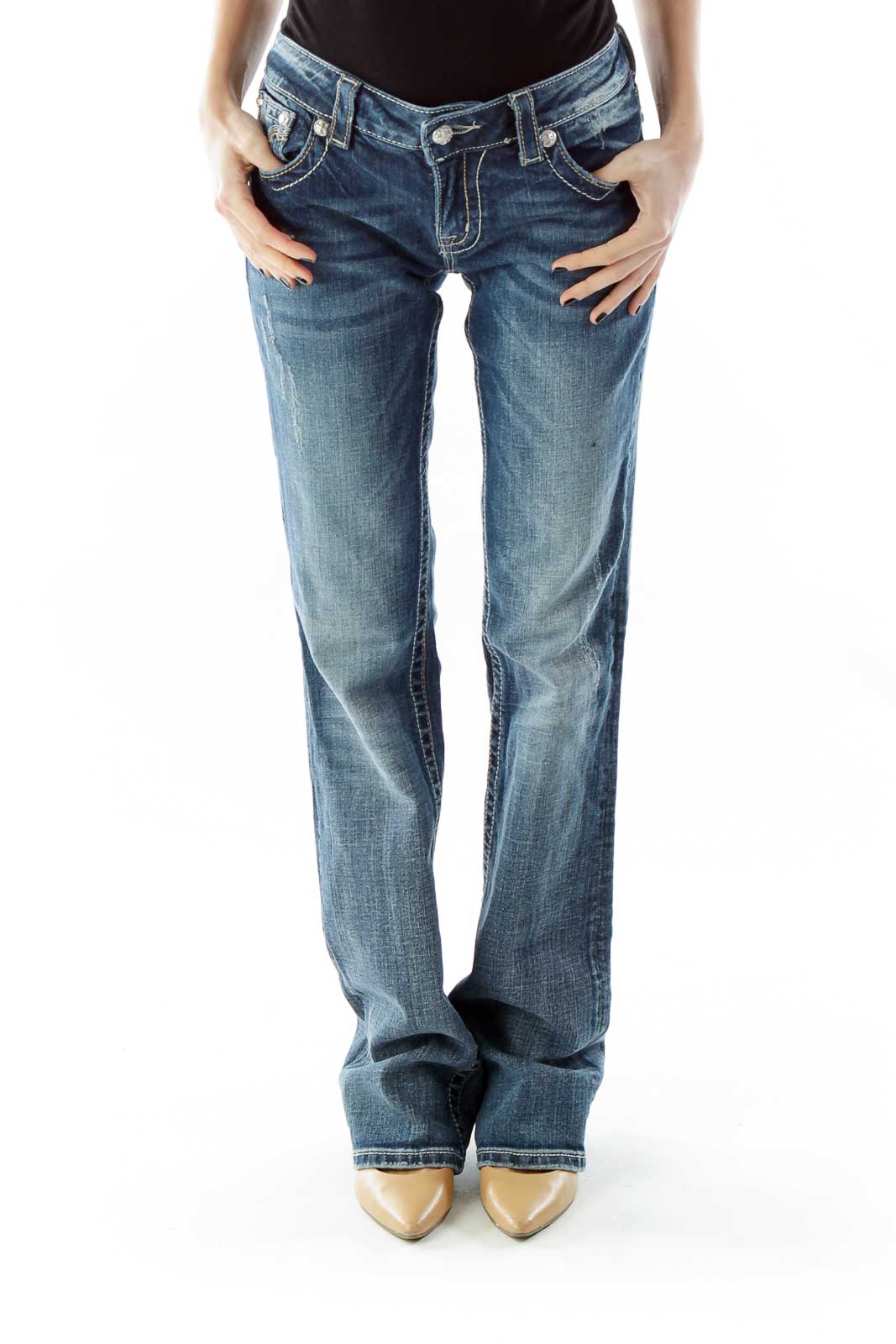Blue Beaded Straight-Leg Jeans Front