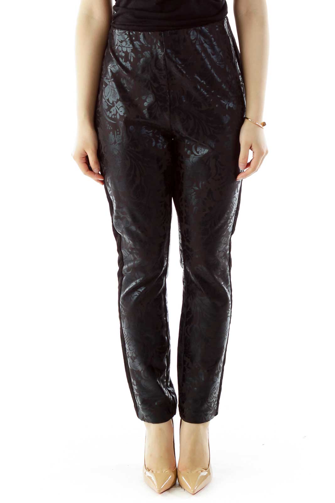Black Flower Velvet Elastic High-Waisted Pants Front