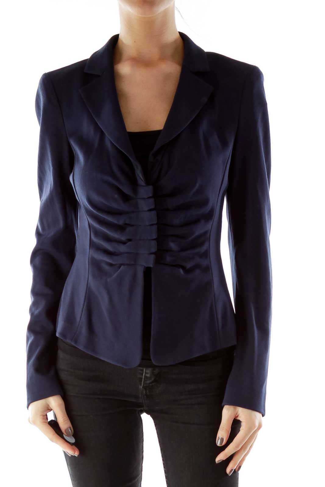 Navy Buttoned Textured Fitted Jacket With Shoulder Pads Front