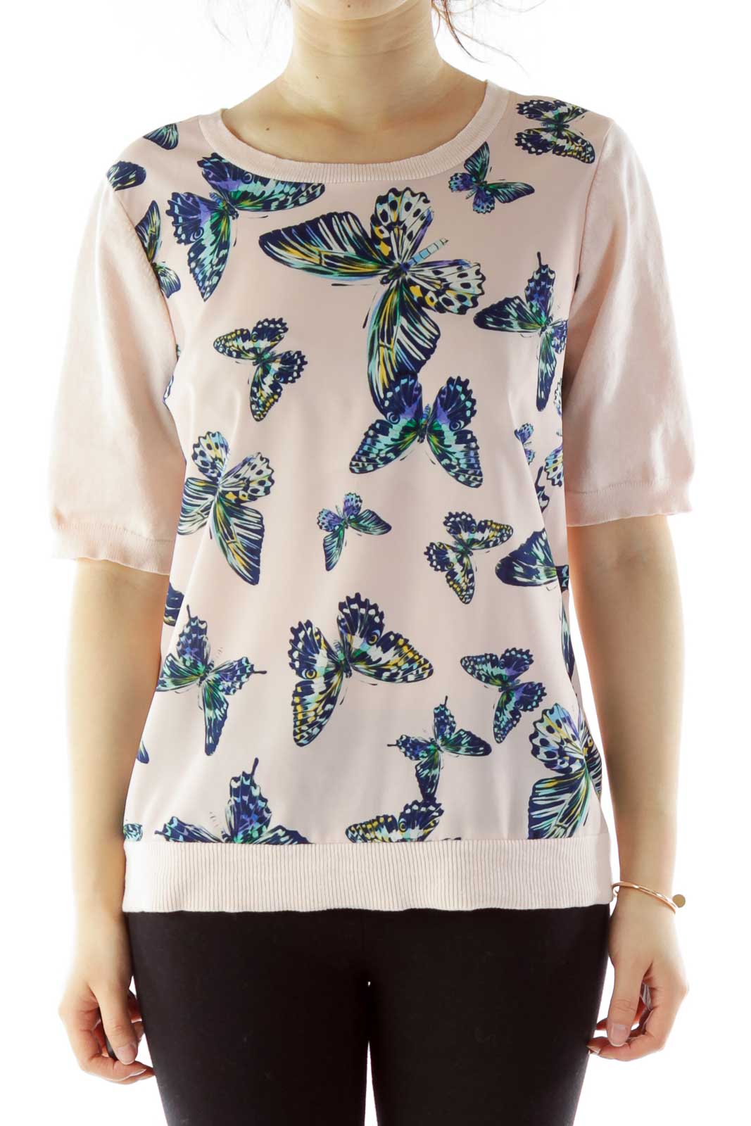 Pink Blue Butterfly Print Knit T-Shirt Front