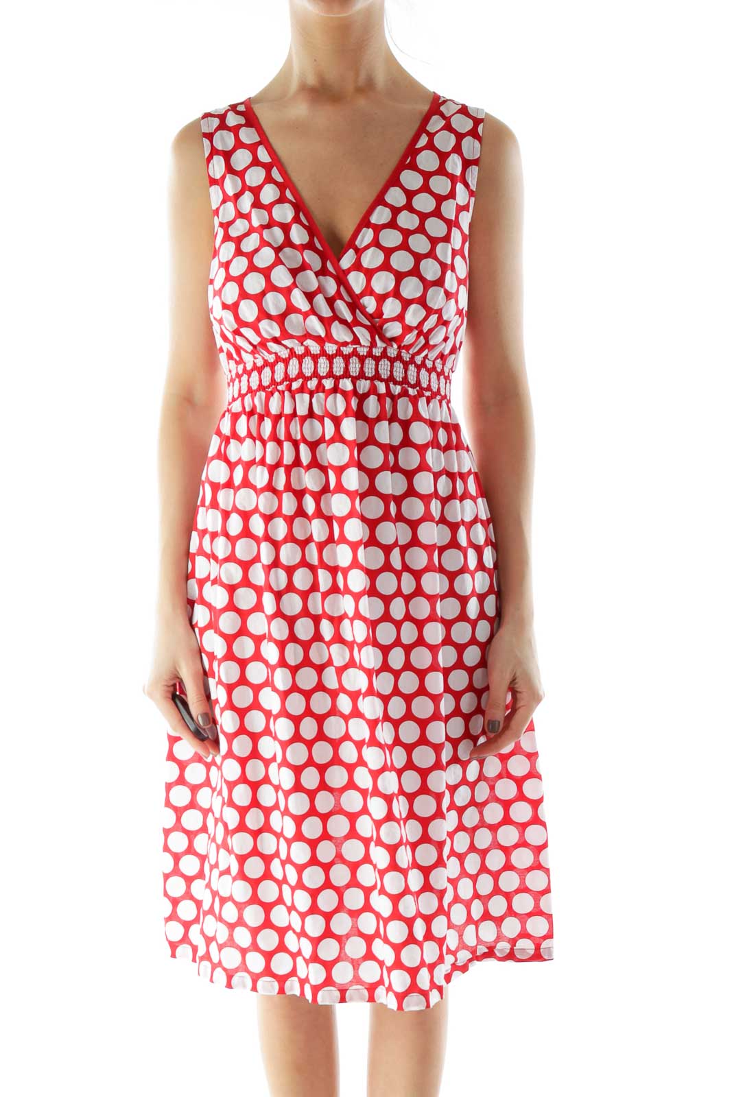 Red White Polka-Dot V-Neck Day Dress Front