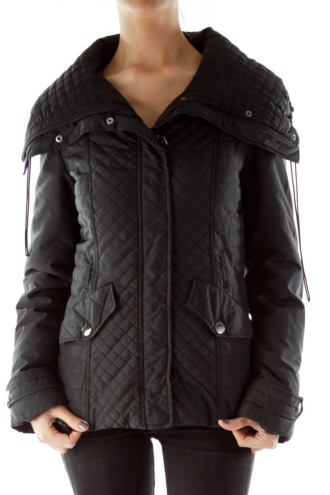 Black Buttoned Pocketed Padded Jacket Front