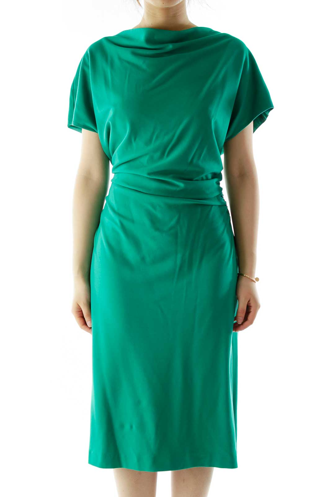 Green Scrunched Cocktail Dress Front