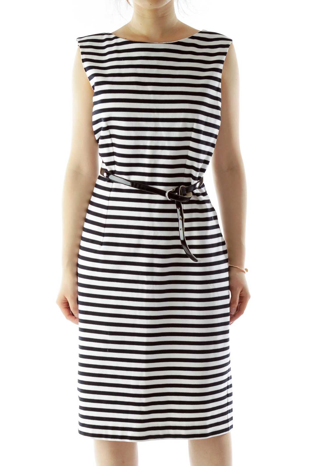 Black White Striped Belted Day Dress Front